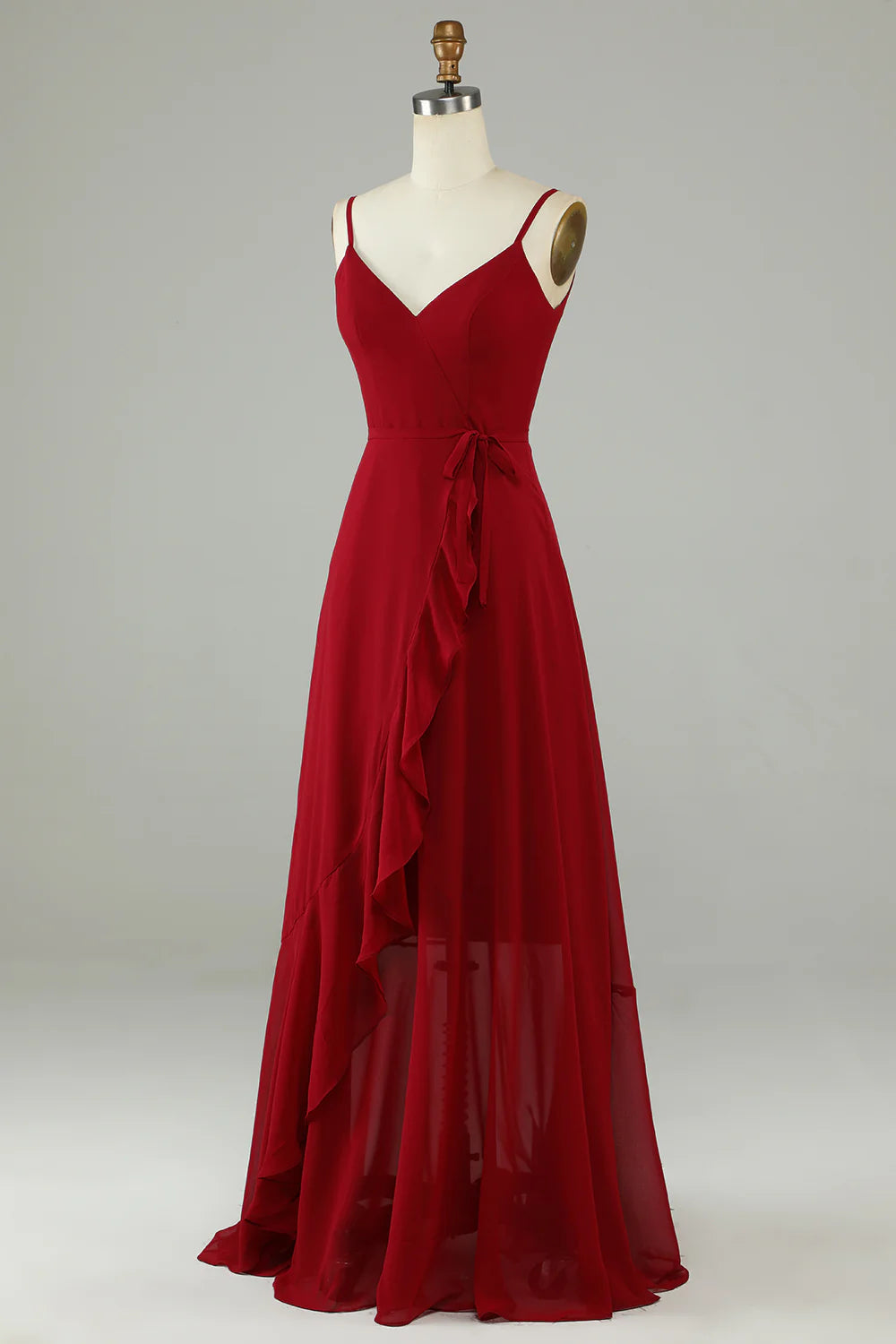 V Neck Chiffon Burgundy Spaghetti Straps Long Bridesmaid Dress with Ruffles