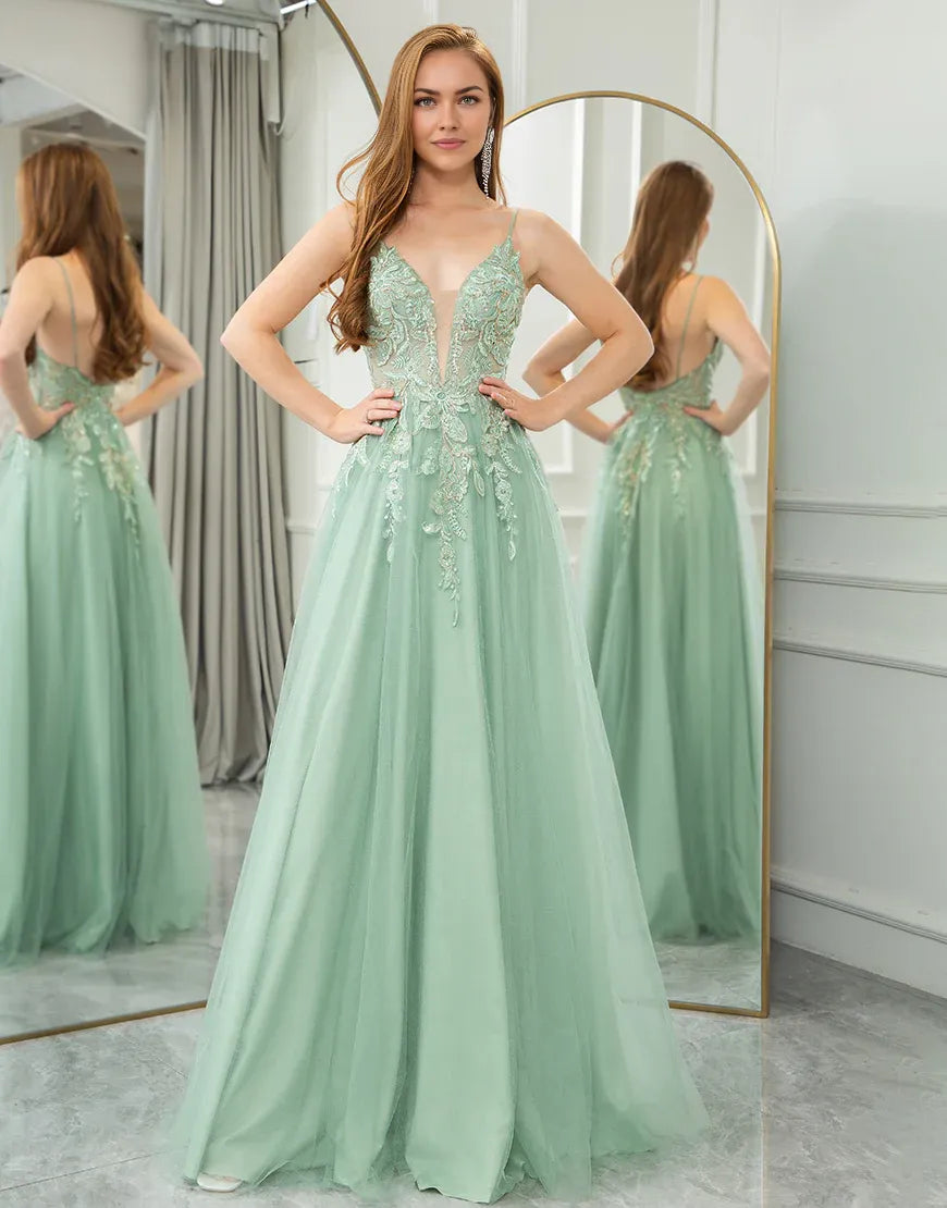 A Line Spaghetti Straps Tulle Long Prom Dress With Appliques