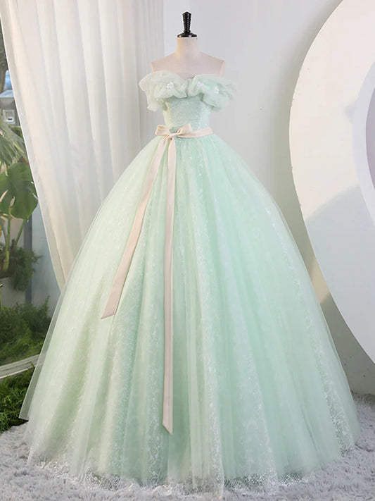 Ball Gown Quinceanera Dresses Princess Dress Green Off Shoulder Tulle Green Long Prom Dress, Green Lace Long Sweet 16 Dress