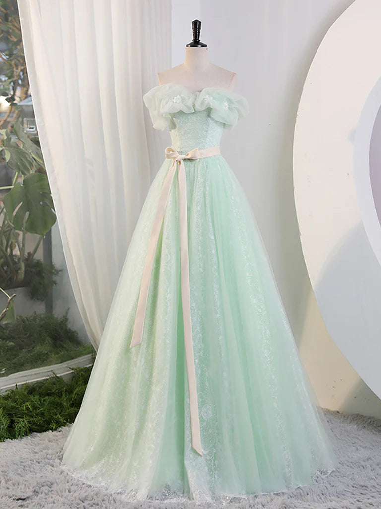 Ball Gown Quinceanera Dresses Princess Dress Green Off Shoulder Tulle Green Long Prom Dress, Green Lace Long Sweet 16 Dress