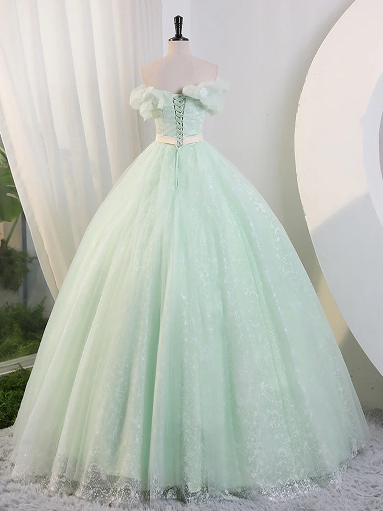 Ball Gown Quinceanera Dresses Princess Dress Green Off Shoulder Tulle Green Long Prom Dress, Green Lace Long Sweet 16 Dress