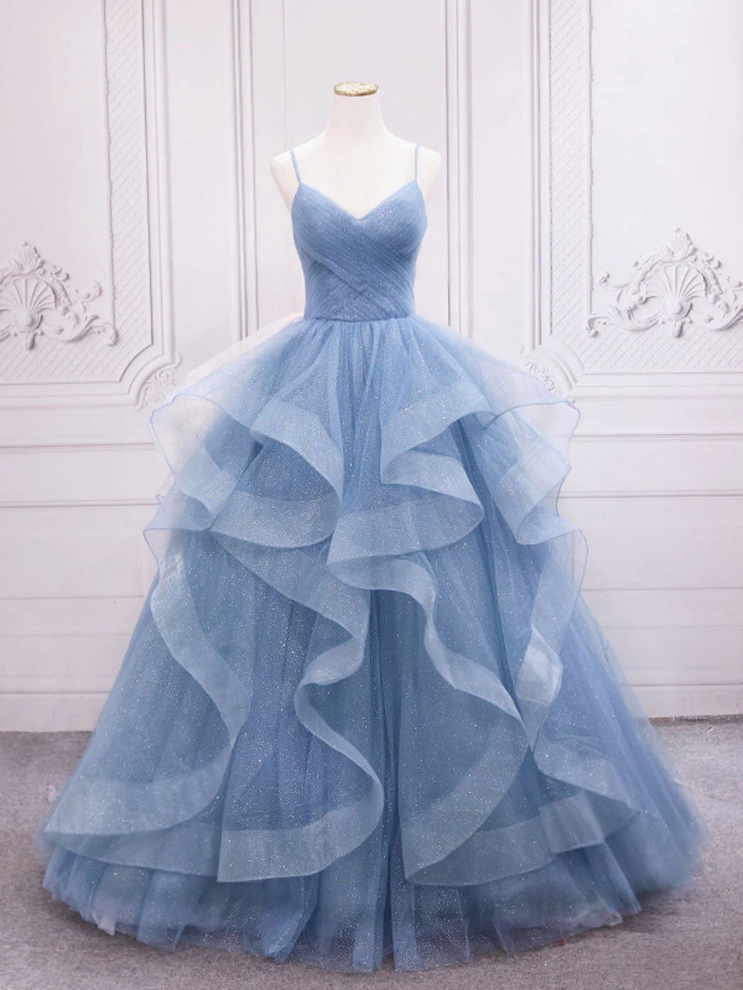 Quinceanera Dresses Princess Cute Prom Dress Tulle V Neck Sequin Long Prom Dress Blue Sweet 16 Dress