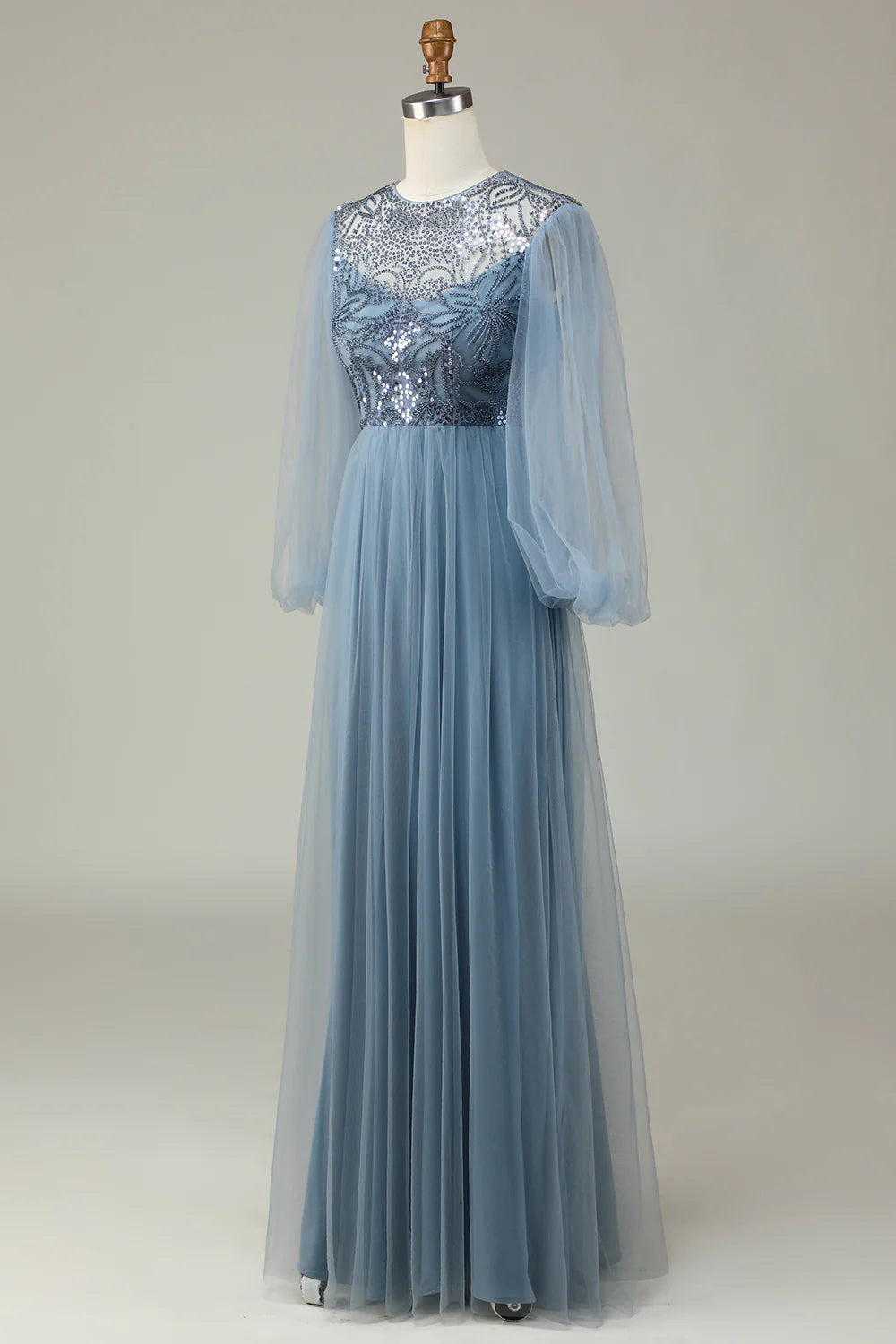 A Line Tulle Blue Sequin Long Sleeves Bridesmaid Dress