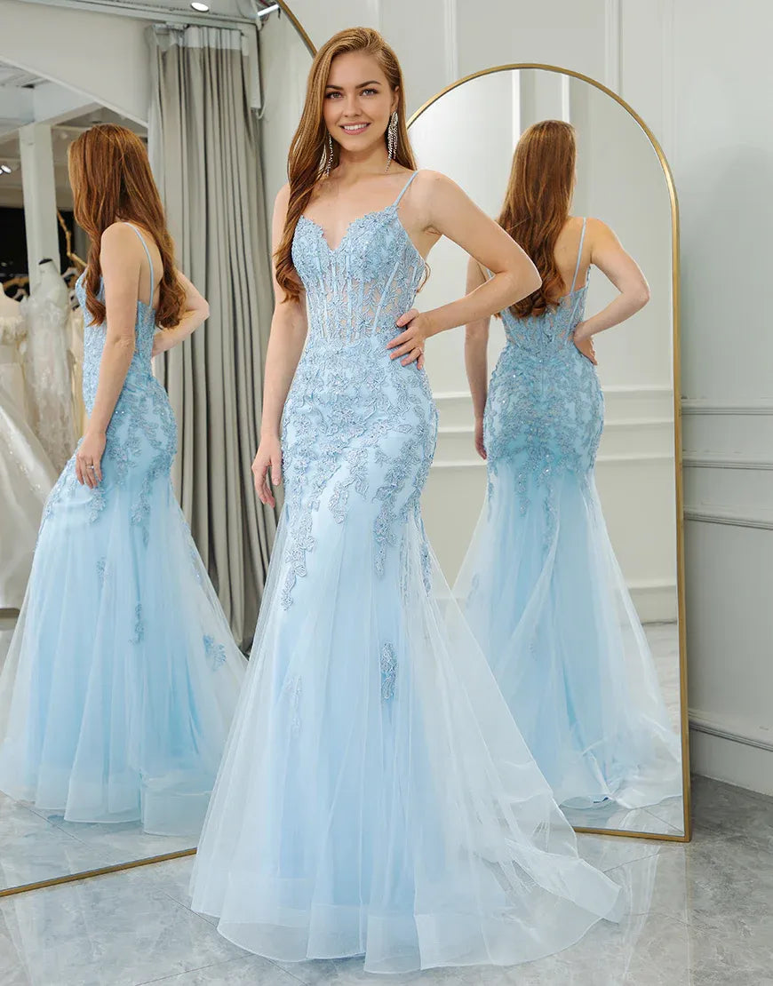 A Line Light Blue Mermaid Backless Long Prom Dress With Slit