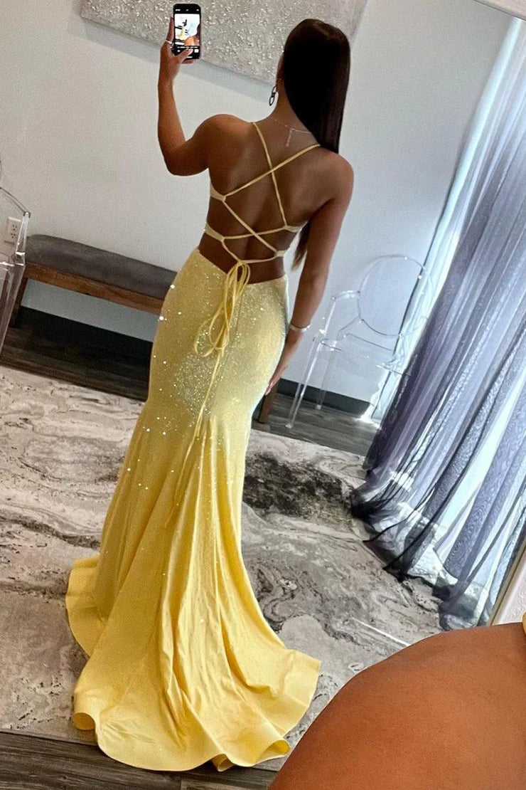 Sheath/Mermaid Spaghetti Straps V Neck Satin Long Prom Dresses with Beading