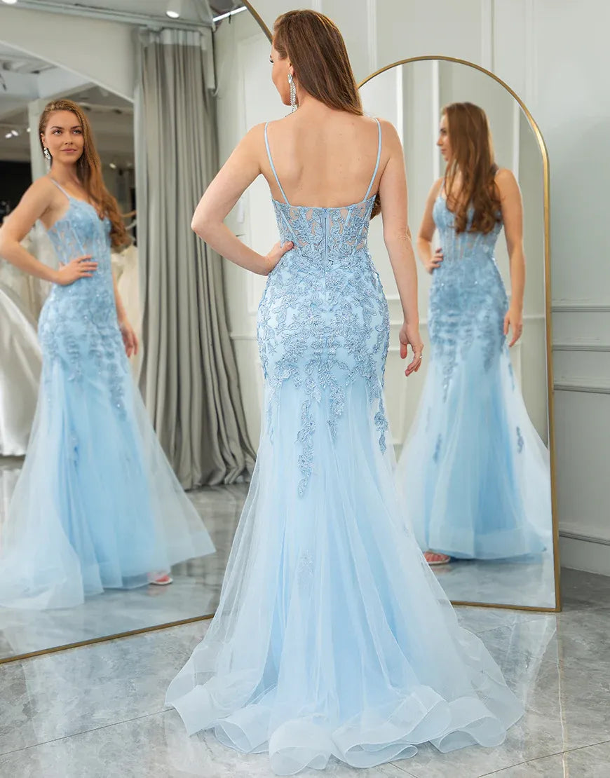 A Line Light Blue Mermaid Backless Long Prom Dress With Slit