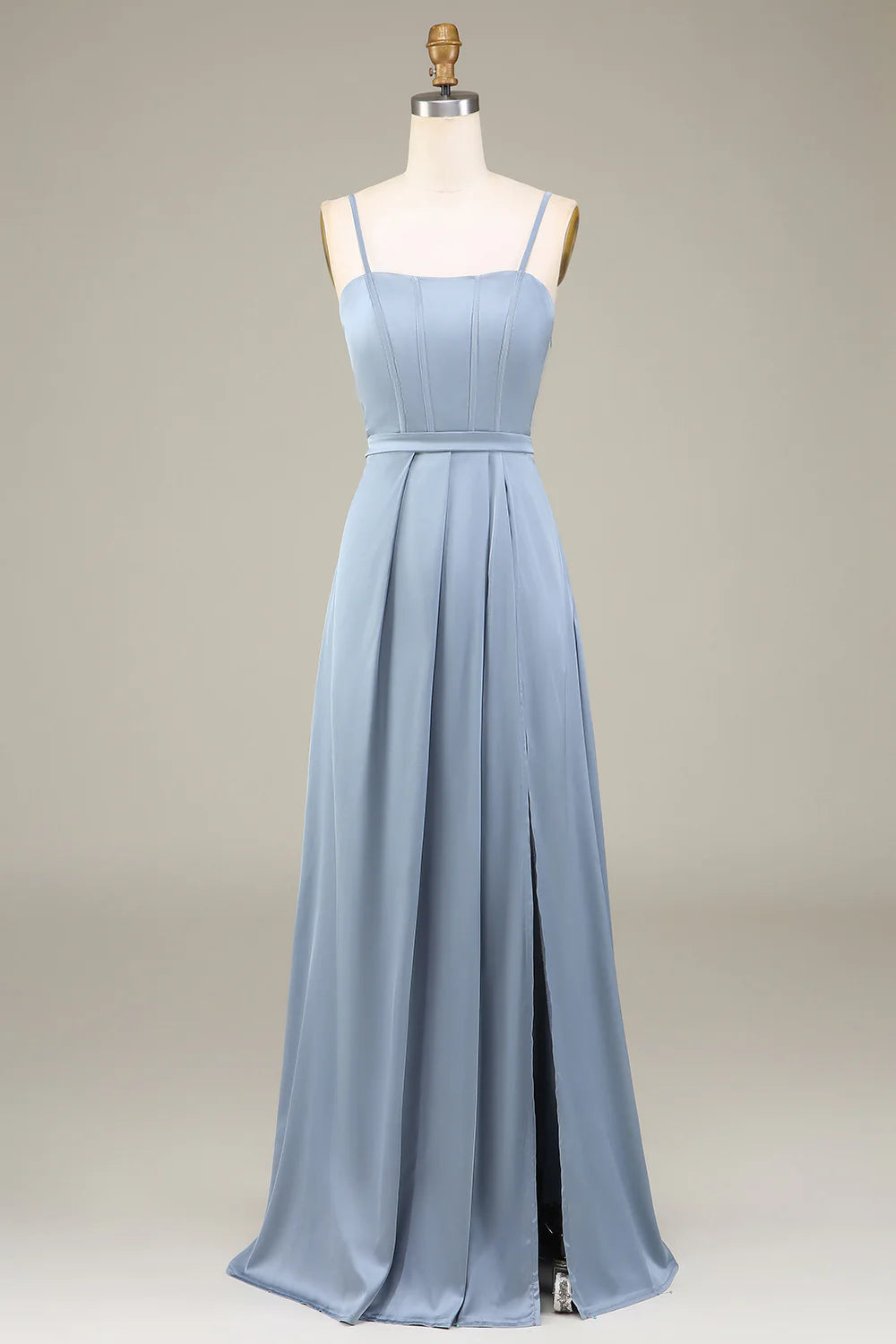 A-Line Pleated Spaghetti Straps Satin Long Bridesmaid Dress