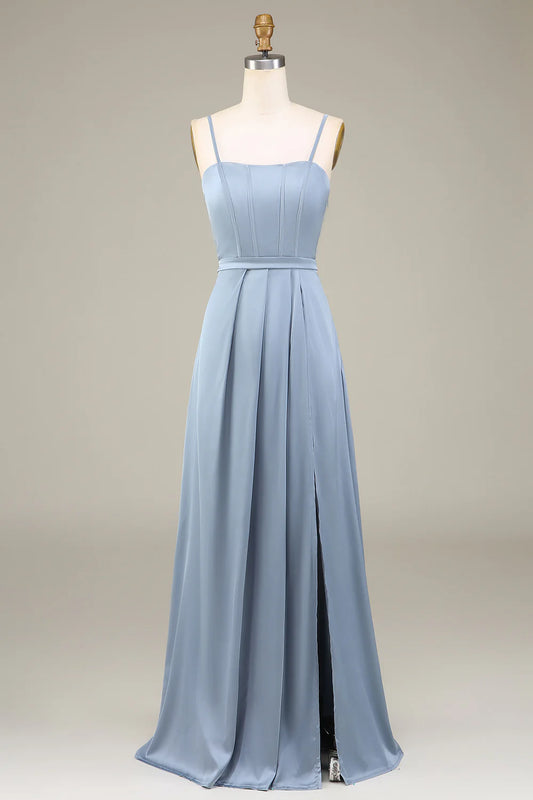 A-Line Pleated Spaghetti Straps Satin Long Bridesmaid Dress