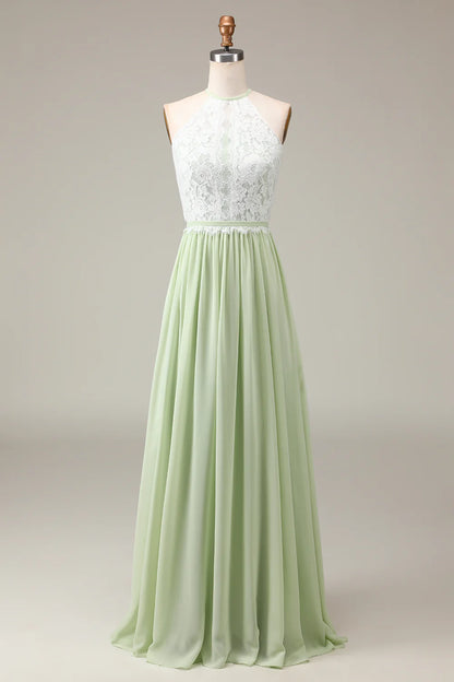 A Line Halter Neck Lace and Chiffon Long Bridesmaid Dress