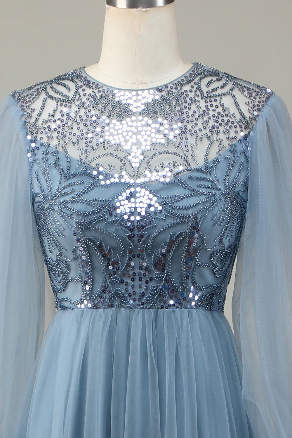 A Line Tulle Blue Sequin Long Sleeves Bridesmaid Dress