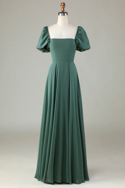 A Line Chiffon Puff Sleeves Eucalyptus Long Bridesmaid Dress