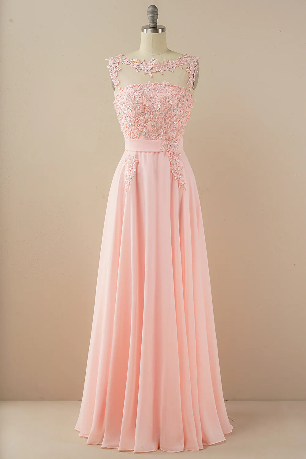 Chiffon Floor Length Beaded Bateau Prom Dress With Appliques