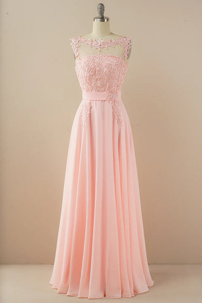 Chiffon Floor Length Beaded Bateau Prom Dress With Appliques