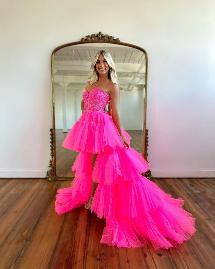 A Line High Low Strapless Hot Pink Prom Dresses with Tulle Layers