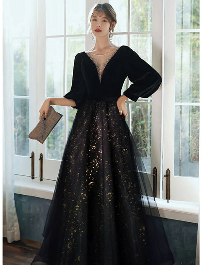 A-Line Evening Gown Sparkle Dress Wedding Guest Floor Length Long Sleeve V Neck Satin with Crystals Sequin