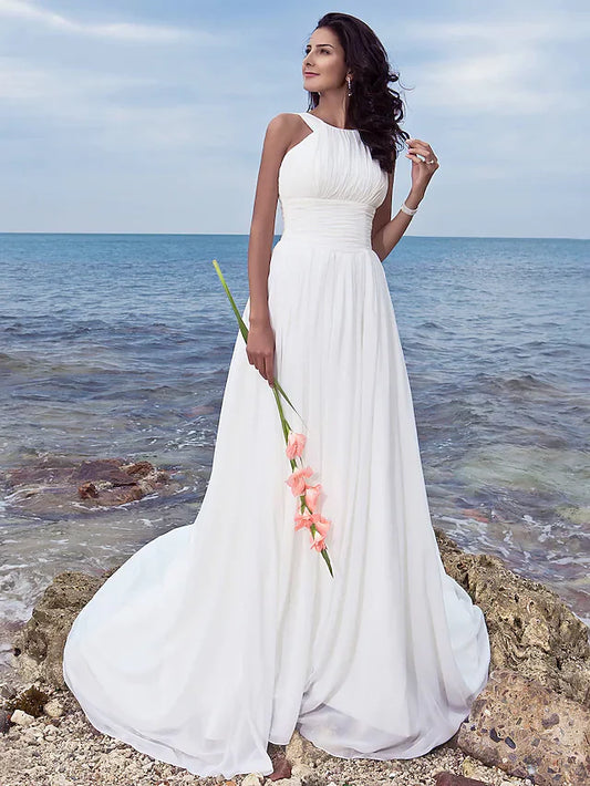 A-Line Wedding Dresses Jewel Neck Chiffon Regular Straps Formal Beach Plus Size with Ruched Draping