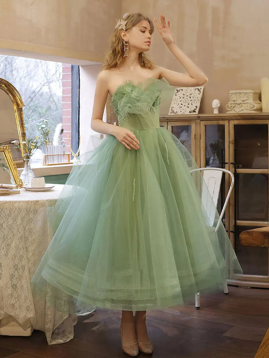 Quinceanera Dresses Princess Cute Prom Dress Tulle Green Sweetheart Strapless Tea Length Tulle Prom Dresses Short Green Sweet 16 Dress