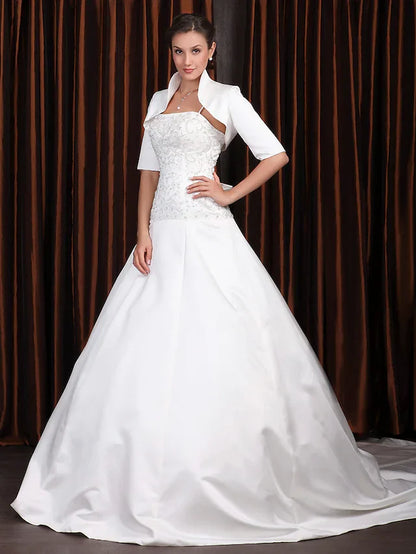 A-Line Wedding Dresses Square Neck Cathedral Train Satin Half Sleeve Vintage Separate Bodies with Beading Appliques