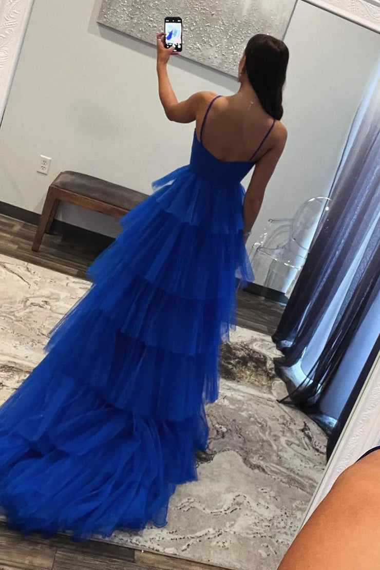 A-Line Spaghetti Straps Sweetheart Tiered Tulle Long Prom Dresses