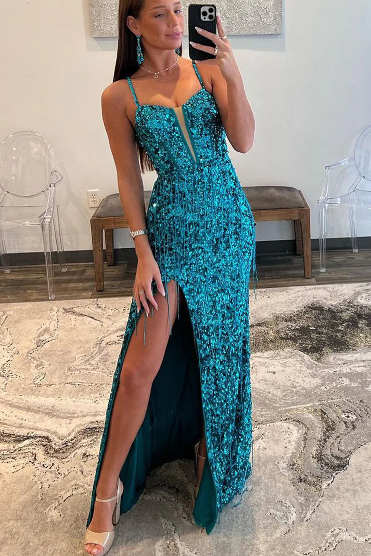 Sheath Spaghetti Straps V Neck Teal Sequins Long Prom Dress with Beading