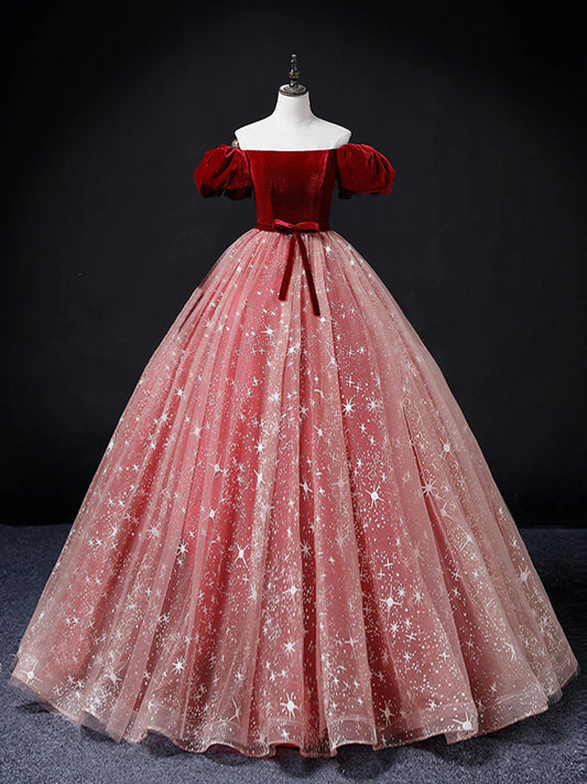 A-Line Ball Gown Quinceanera Dresses Princess Dress Tulle Long Prom Dress Burgundy Sweet 16 Dress