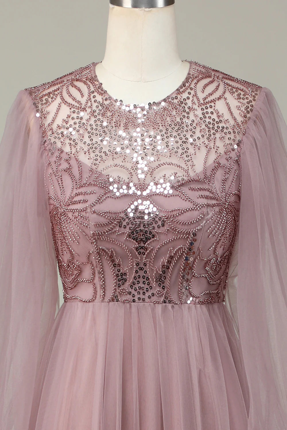 A Line Tulle Blue Sequin Long Sleeves Bridesmaid Dress