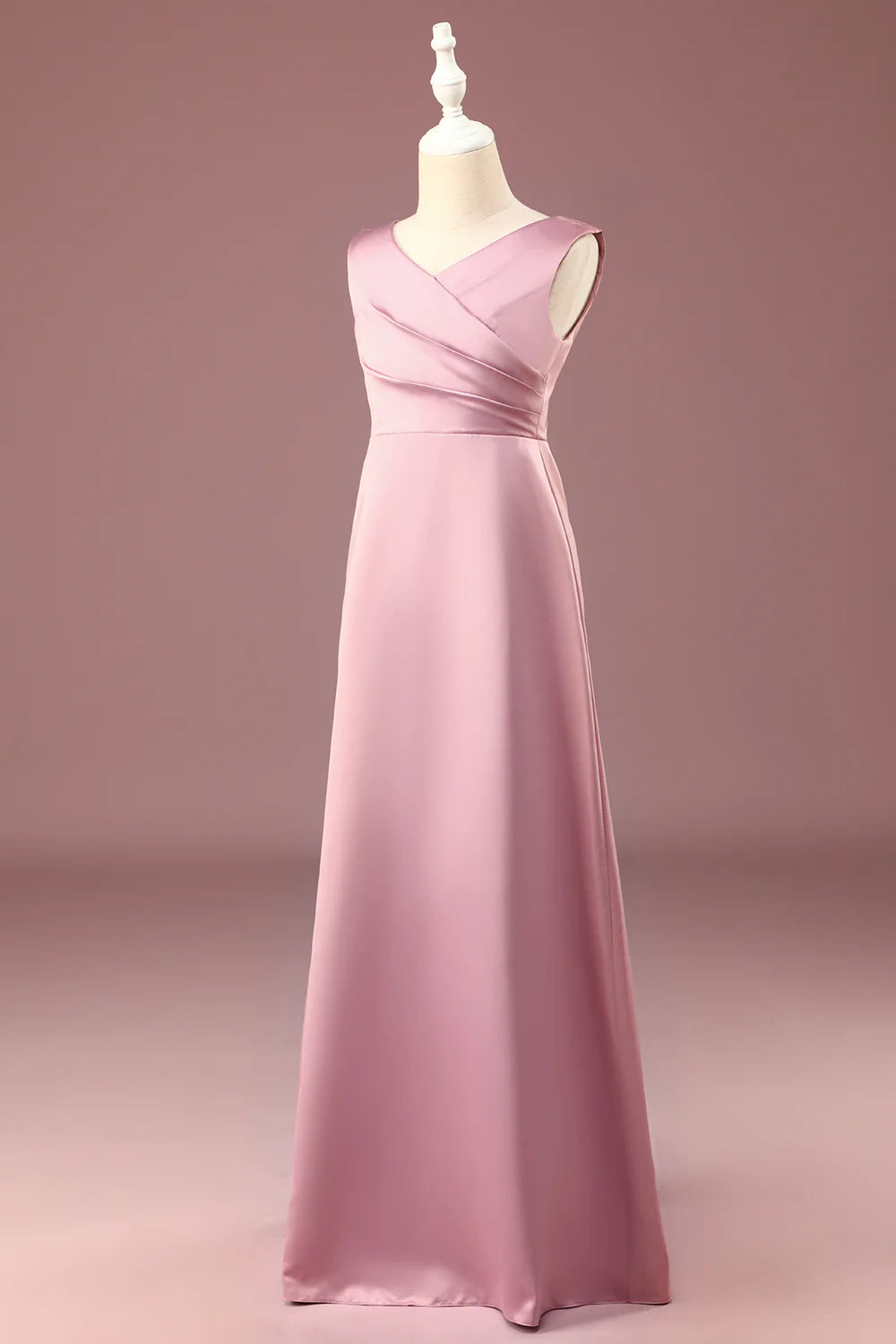 A-line Satin Pleated V-neck Long Junior Bridesmaid Dress