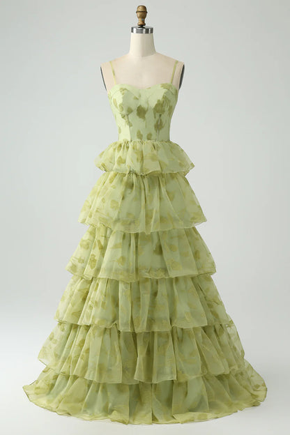 A Line Green Flower Spaghetti Straps Long Prom Dress With Ruffles