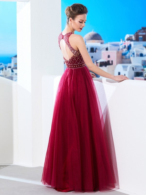 A-Line/Princess Scoop Sleeveless Floor-Length Beading Tulle Dresses