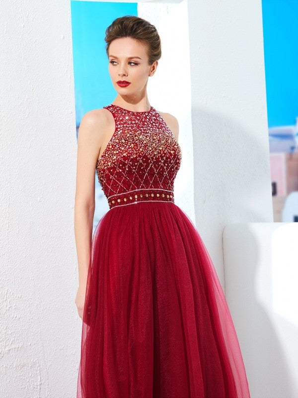 A-Line/Princess Scoop Sleeveless Floor-Length Beading Tulle Dresses