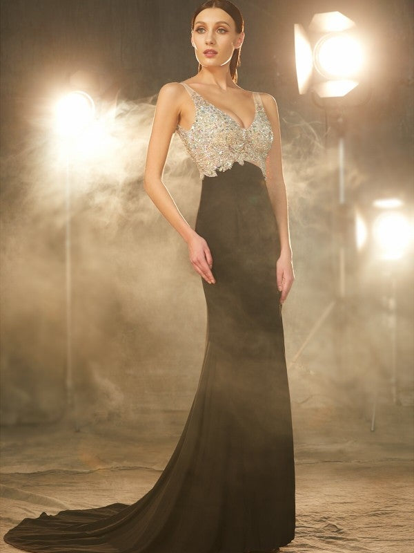 Sheath/Column V-neck Beading Sleeveless Sweep/Brush Train Spandex Dresses
