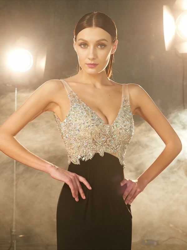 Sheath/Column V-neck Beading Sleeveless Sweep/Brush Train Spandex Dresses