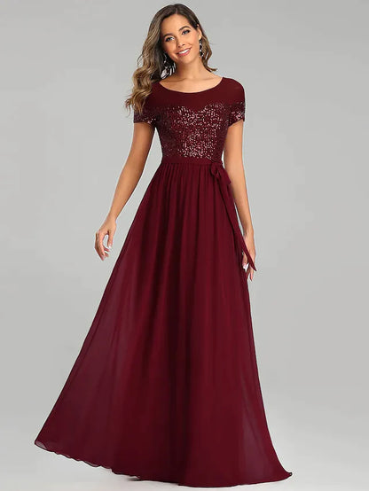 A-Line Jewel Neck Floor Length Chiffon Bridesmaid Dress with Sash Ribbon Sequin Sparkle & Shine