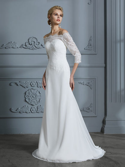 Trumpet/Mermaid 1/2 Sleeves Off-the-Shoulder Sweep/Brush Train Chiffon Wedding Dresses