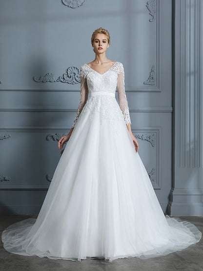 Ball Gown V-neck Long Sleeves Court Train Lace Tulle Wedding Dresses