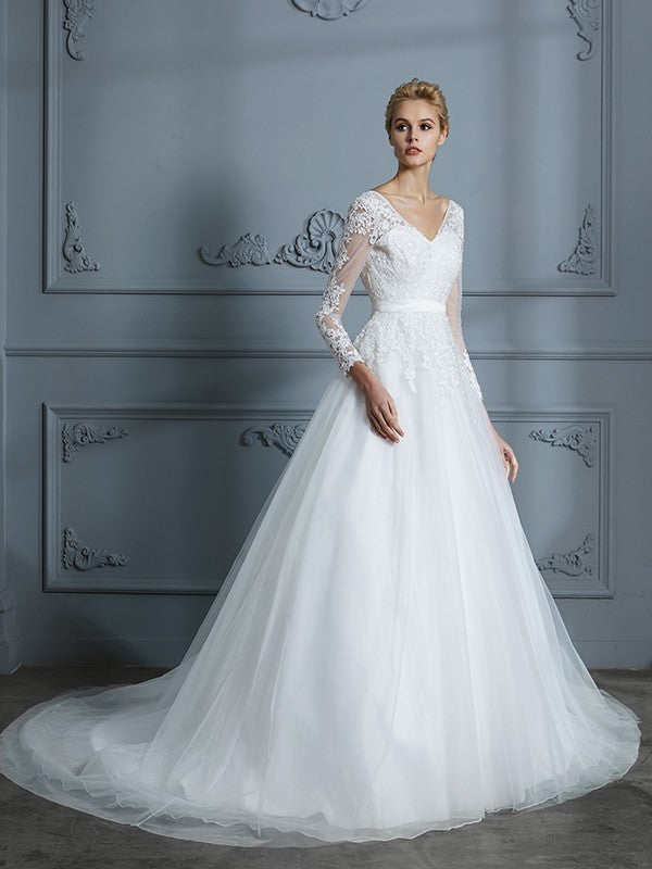 Ball Gown V-neck Long Sleeves Court Train Lace Tulle Wedding Dresses