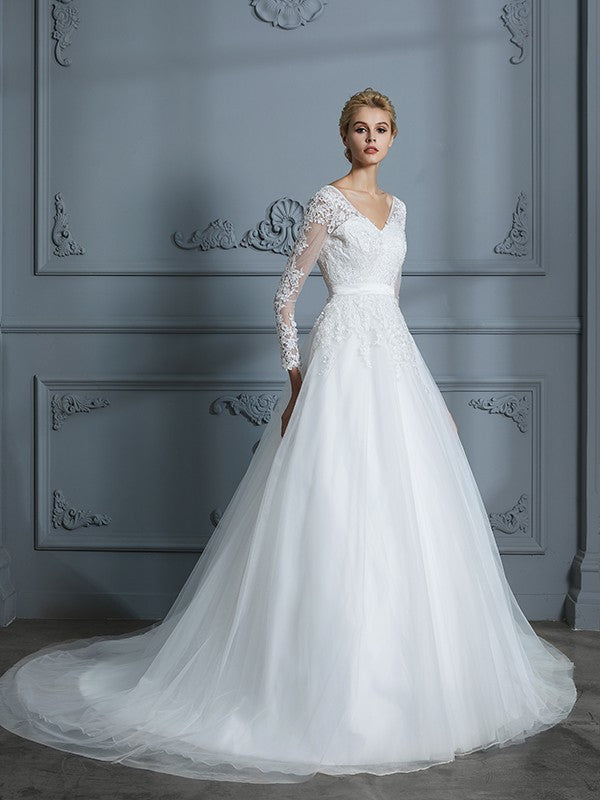 Ball Gown V-neck Long Sleeves Court Train Lace Tulle Wedding Dresses