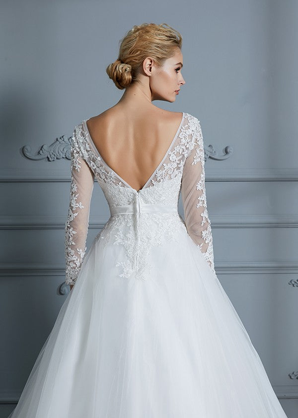 Ball Gown V-neck Long Sleeves Court Train Lace Tulle Wedding Dresses