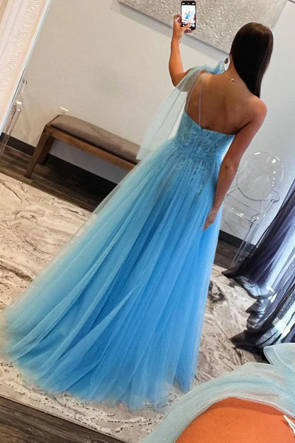 One Shoulder Light Blue Tulle Long Prom Dress with Appliques