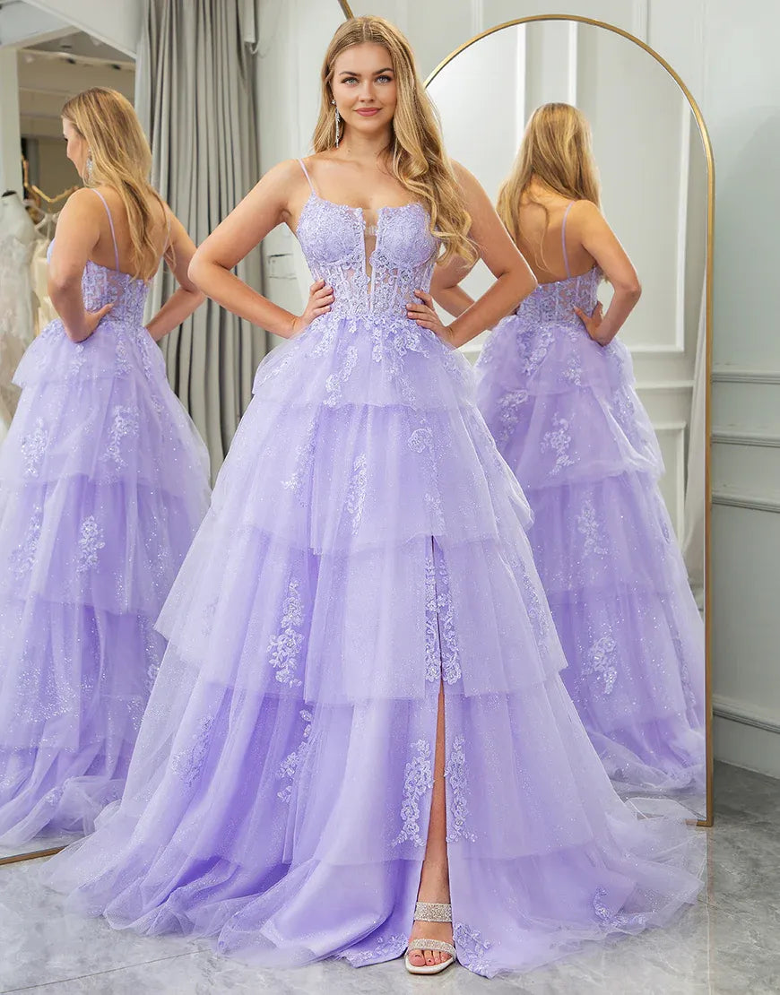 A Line Spaghetti Straps Tulle Layers Long Appliques Prom Dress With Slit