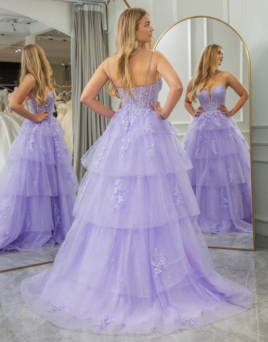 A Line Spaghetti Straps Tulle Layers Long Appliques Prom Dress With Slit