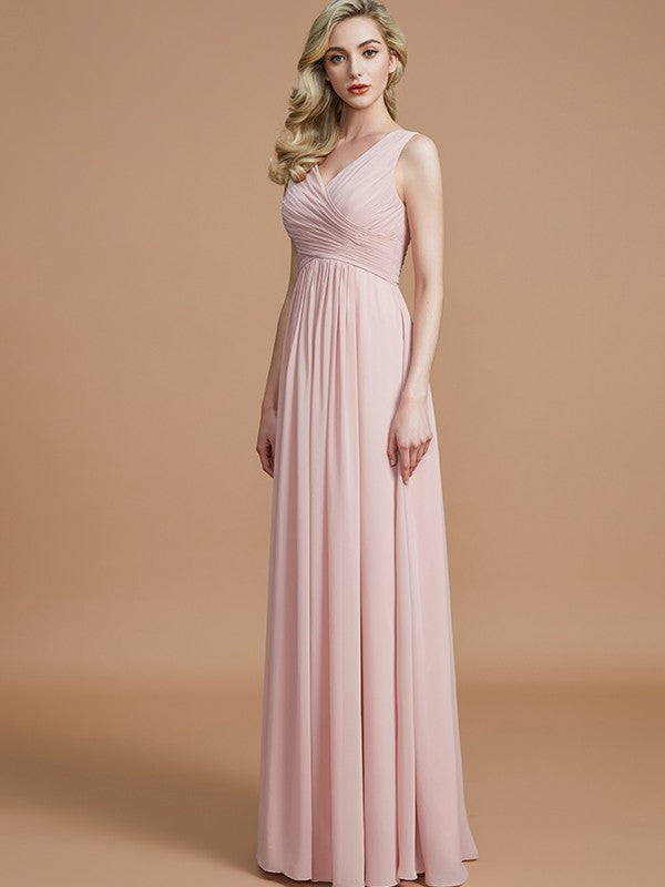A-Line/Princess V-neck Sleeveless Ruched Floor-Length Chiffon Bridesmaid Dresses