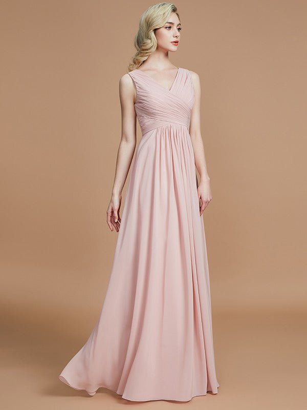 A-Line/Princess V-neck Sleeveless Ruched Floor-Length Chiffon Bridesmaid Dresses