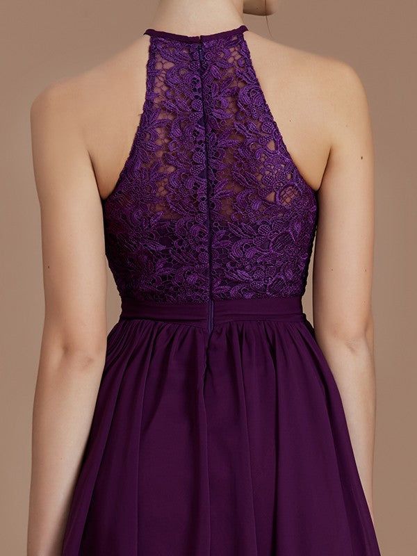 A-Line/Princess Halter Sleeveless Lace Short/Mini Chiffon Bridesmaid Dresses