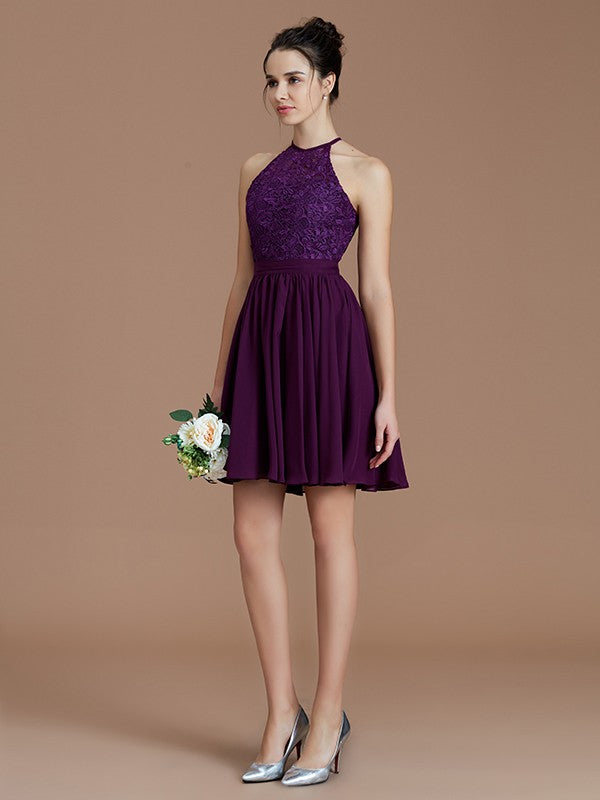 A-Line/Princess Halter Sleeveless Lace Short/Mini Chiffon Bridesmaid Dresses