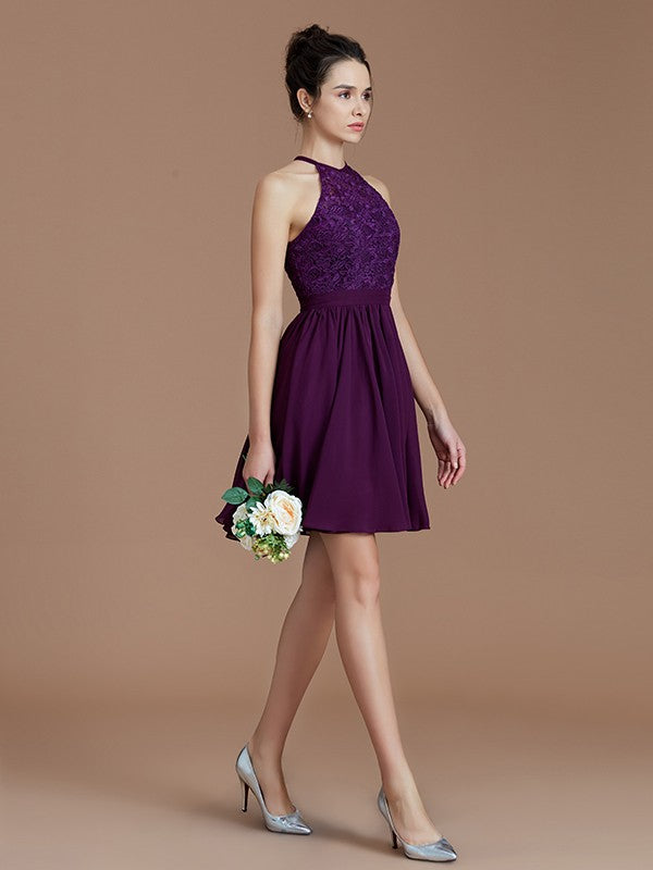 A-Line/Princess Halter Sleeveless Lace Short/Mini Chiffon Bridesmaid Dresses