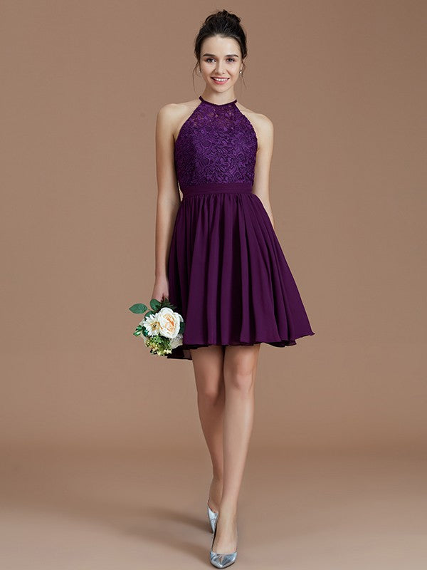 A-Line/Princess Halter Sleeveless Lace Short/Mini Chiffon Bridesmaid Dresses