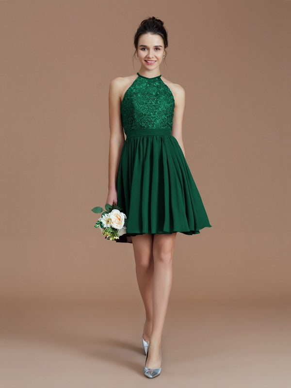 A-Line/Princess Halter Sleeveless Lace Short/Mini Chiffon Bridesmaid Dresses