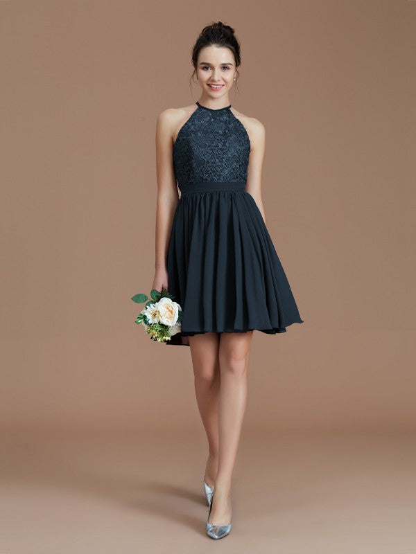 A-Line/Princess Halter Sleeveless Lace Short/Mini Chiffon Bridesmaid Dresses