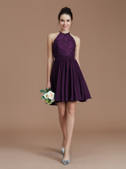 A-Line/Princess Halter Sleeveless Lace Short/Mini Chiffon Bridesmaid Dresses